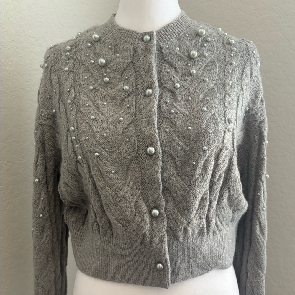 Goelia Gray Cardigan with Pearl Accents NWT